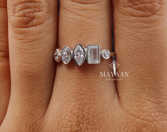 Multi Stone Moissanite Engagement Ring, 925 Sterling Silver Bezel Set Ring, Gift For Her