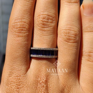 Baguette And Round Cut Wedding Band, Blue Sapphire Diamond CZ Band, Full Eternity Silver Ring, Anniversary Band For Her, Gift For Women