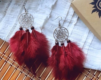 Handamde Dreamcatcher Earrings/Dreamcatcher Feathers Earrings/Boho Style Earrings/Native Design Earrings/Ethnic Gift/NaturalFeathersEarrings