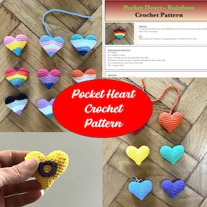 May include: A crochet pattern for a rainbow pocket heart. The pattern includes instructions for making a small heart with a variety of colours. The pattern is easy to follow and includes a list of abbreviations and materials.