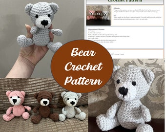 May include: A crochet pattern for making a bear. The pattern includes instructions for making a gray, brown, and pink bear. The pattern is written in English and includes abbreviations for common crochet stitches.