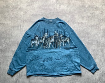 Sweat-shirt pour homme imprimé loup bleu marine taille XXL fabriqué aux États-Unis des années 80 y2k vintage streetstyle des années 90 drill opium rétro