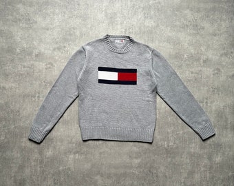 Pull Tommy Hilfiger pour homme taille S fabriqué aux États-Unis, gris des années 80, y2k vintage streetwear streetstyle des années 90 drill opium rétro en tricot