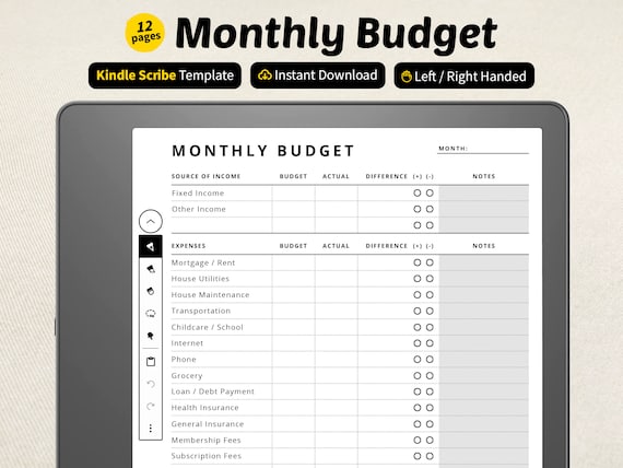 Kindle Scribe Monthly Budget Tracker | E Ink Tablet PDF Template