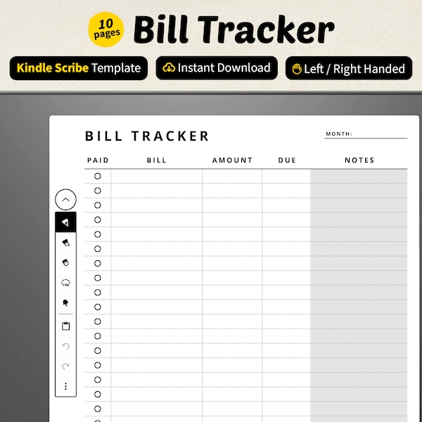 Kindle Scribe Bill Tracker | PDF Template for Kindle Scribe E Ink Tablet