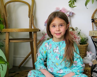 Aqua Magical Pony unicorn Girls 100% Cotton Pyjama Set, Size 2-11 Years