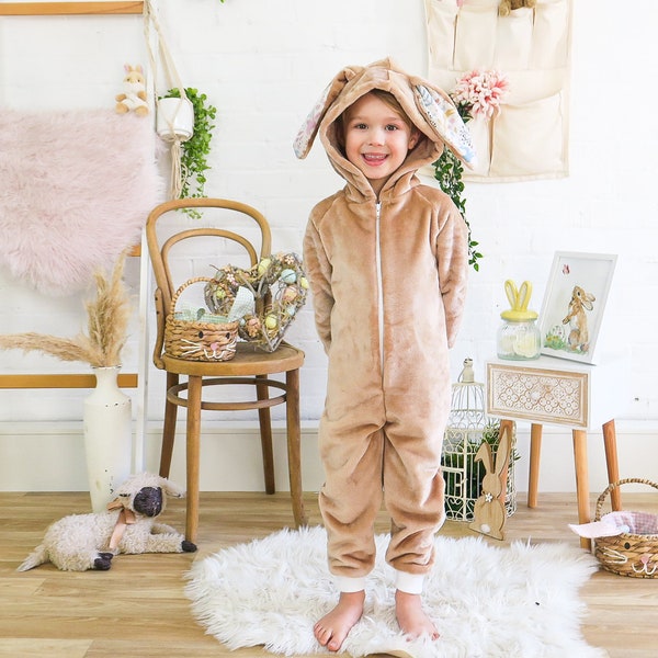 Beige Bunny Unisex Onesie in Super Soft Fleece and Cotton Bunny Print Trims, Easter Gift