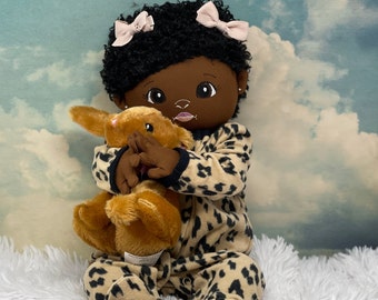 Handmade Newborn Plush Stuffed Doll with African features. Great Gift for Baby Showers and Birthdays. Soft and Huggable Fabric, Posable.