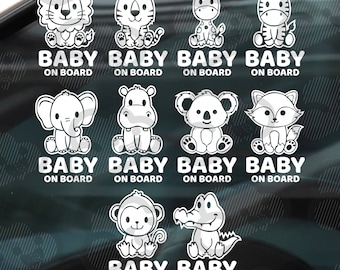 May include: A collection of white vinyl car decals featuring various cartoon animals, including a lion, tiger, giraffe, zebra, elephant, hippo, koala, fox, monkey, and alligator. Each decal has the text "BABY ON BOARD" in a bold font.