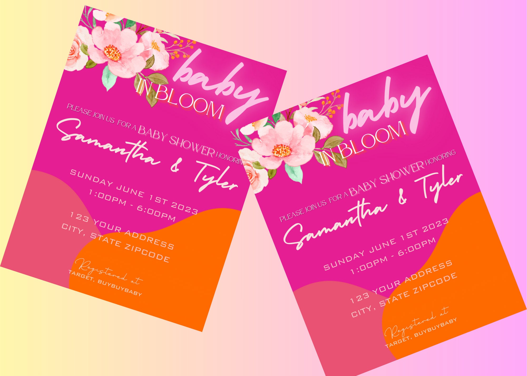 Baby in Bloom Baby Shower Invitation Bright Pink and Orange Etsy