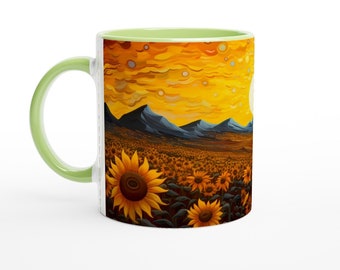 Van Gogh Inspired Mug | Sunflower Field & Rising Sun | Artistic Ceramic | Ideal for Art Lovers