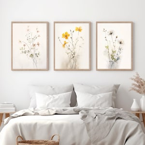 SOFT MINIMAL WILDFLOWERS set of 3. Watercolor. Flower market, botanical artwork, printable wall art, Minimal floral art. Digital download.