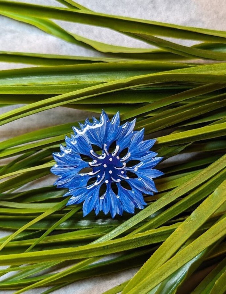 Brooch Cornflower made of natural wood