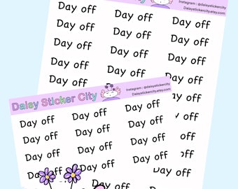 Może przedstawiać: Dwa arkusze białych naklejek z czarnym napisem "Day off". Naklejki pochodzą od "Daisy Sticker City" i zawierają ilustrację kreskówki aksolotla. Dołączono również informacje z Instagrama i sklepu Etsy.