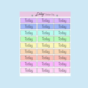 May include: A sheet of 18 pastel-colored stickers with the word "Today" written in black on each sticker. The stickers are arranged in three rows of six stickers each. The sheet is labeled "Dairy Sticker City" at the top.