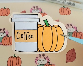 Pumpkin Hot Coffee Die Cut Sticker / coffee sticker / hot coffee sticker / pumpkin die cut sticker