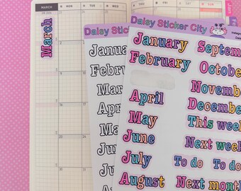 Monthly Script Sticker Sheet / Colorful Months Stickers