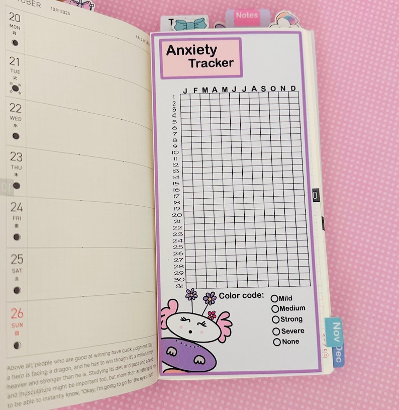 May include: Anxiety tracker insert for a planner, featuring a grid for daily tracking from January to December. The insert has a color code for anxiety levels: mild, medium, strong, severe, and none. A cute cartoon character is at the bottom.