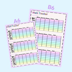 May include: Two printable walk tracker sheets in A6 and B6 sizes. The sheets are pastel pink, blue, yellow, and green with a dashed border. Each sheet has a table with columns for miles, speed, steps, time, and calories burned. The days of the week are listed in the first column: Monday, Tuesday, Wednesday, Thursday, Friday, Saturday, and Sunday.