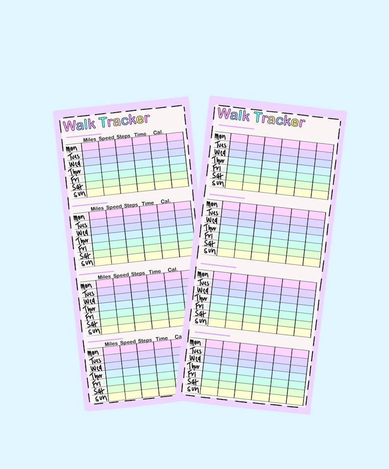 May include: Four printable walk tracker sheets with pastel colored backgrounds. Each sheet has a table with columns for miles, speed, steps, time, and calories burned. The days of the week are listed down the left side of each table: Mon, Tues, Wed, Thur, Fri, Sat, Sun.