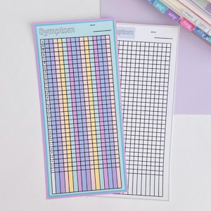 May include: A rectangular symptom tracker sheet featuring a grid with 31 numbered rows and multiple columns in pastel pink, yellow, and blue. The header displays the word Symptom and a blank line for the month. A second black and white version is visible.