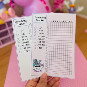 May include: Two white spending tracker sheets with a purple border. Each sheet has a section for spending amounts and a grid for tracking. One sheet has a small illustration of a plant in a teacup. The text "Spending Tracker" is at the top.