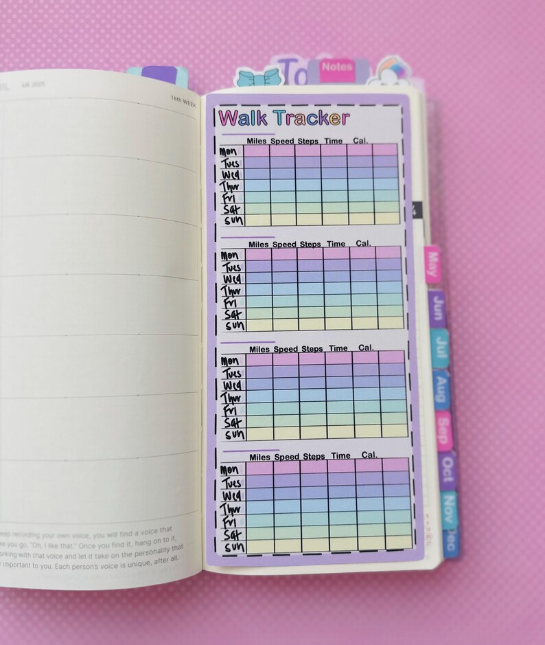 May include: A printable planner sticker with a pastel rainbow design. The sticker is labeled "Walk Tracker" and has columns for miles, speed, steps, time, and calories burned. The sticker is designed to be used in a planner or journal.