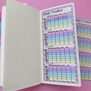 May include: A page from a planner with a walk tracker. The tracker is divided into four sections, each with a different color scheme. Each section has columns for the day of the week, miles walked, steps taken, time spent walking, and calories burned. The dates for each section are written at the top of the section. The dates are 4/1-4/13, 4/11-4/13, 4/14-4/20, and 4/21-4/27.