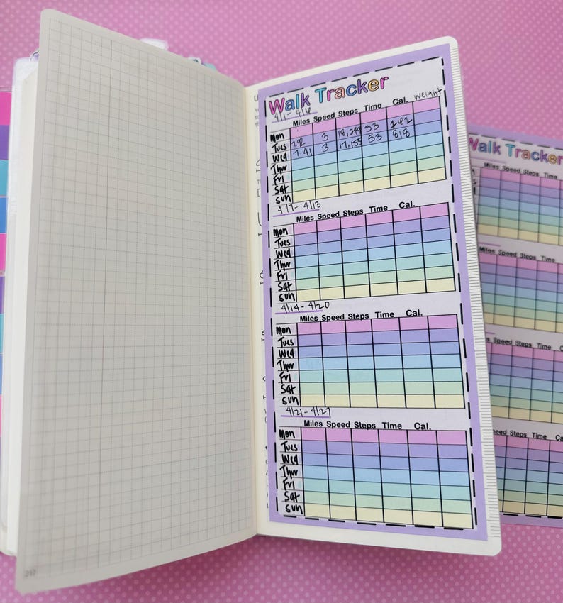 May include: A page from a planner with a walk tracker. The tracker is divided into four sections, each with a different color scheme. Each section has columns for the day of the week, miles walked, steps taken, time spent walking, and calories burned. The dates for each section are written at the top of the section. The dates are 4/1-4/13, 4/11-4/13, 4/14-4/20, and 4/21-4/27.