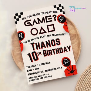 Convite para festa de aniversário com tema Squid Game EDITÁVEL, 2ª temporada de Squid Game, convites para festa de aniversário infantil para impressão, cartão de convite para festa de adulto