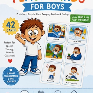 May include: Set of 42 communication flashcards for boys. The cards are designed for everyday routines and feelings. The image includes a cartoon boy and examples of the flashcards, such as "Wake Up" and "Bath Time".