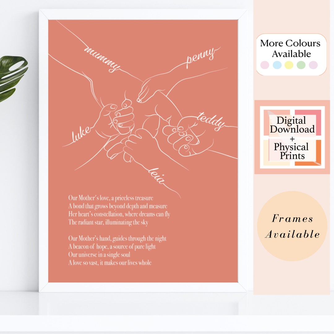 Five Hands Line Drawing Name Art Personalised Mum & Children Etsy