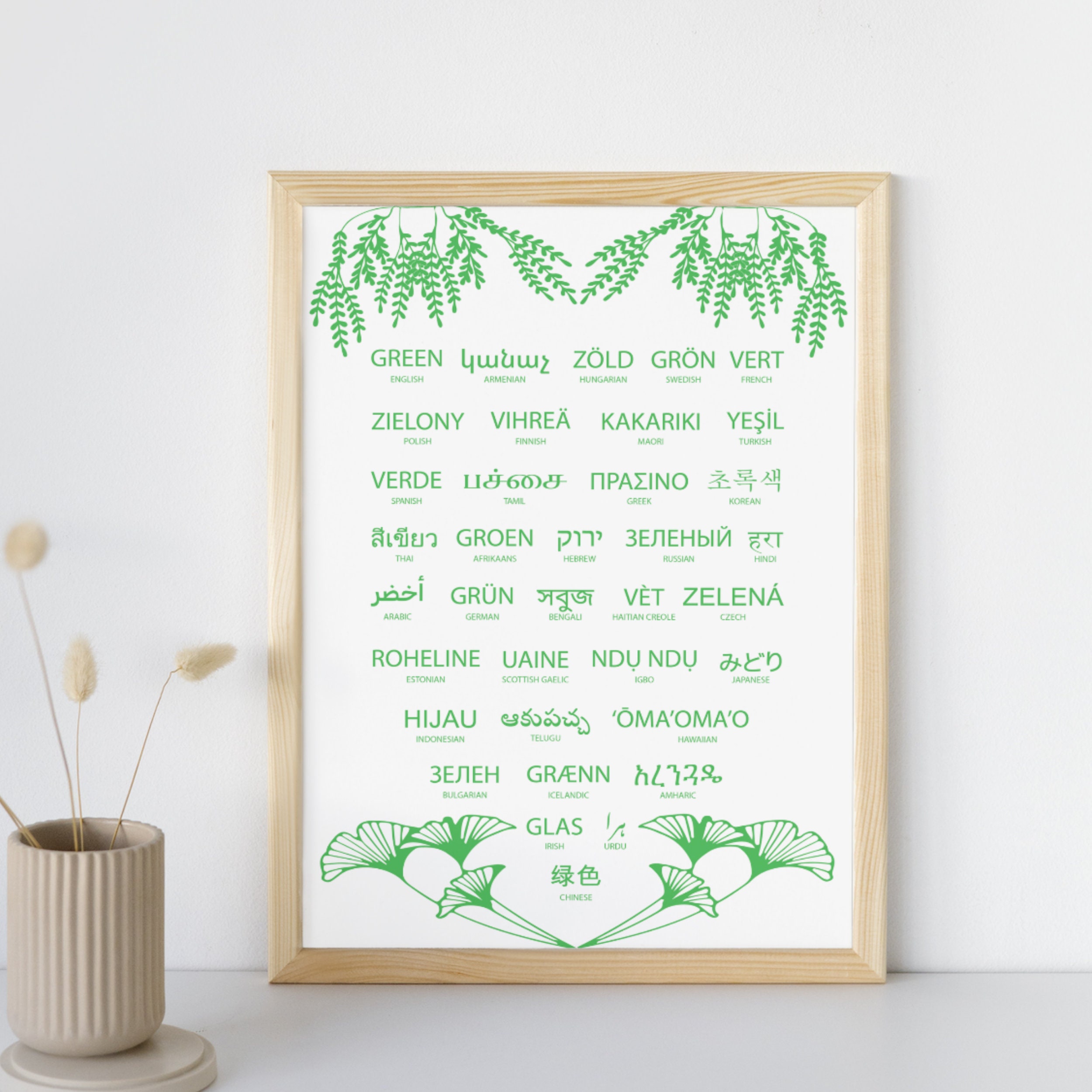Green in Different Languages Green Background Print Custom