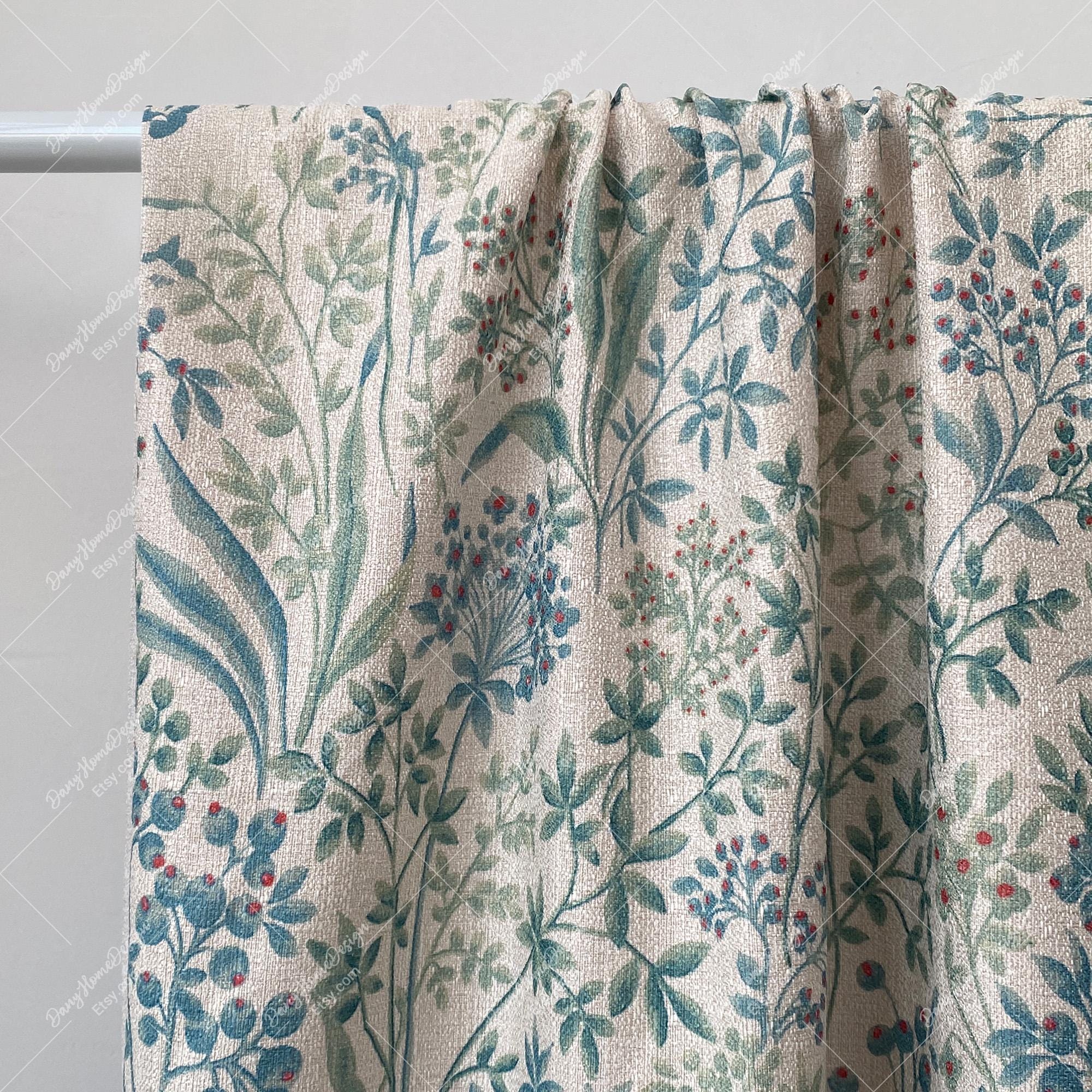 Green Botanical Print Curtains: Rustic Floral Room Darkening Drapes