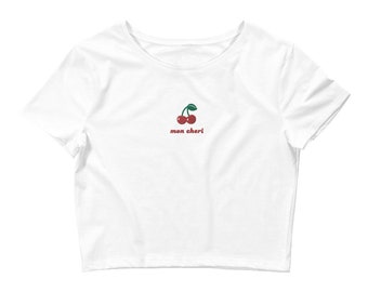 Cherry Mon Cheri Women’s Crop Tee | Embroidery Tshirt | Woman tshirt| Cherry Tshirt | Crop Tshirt