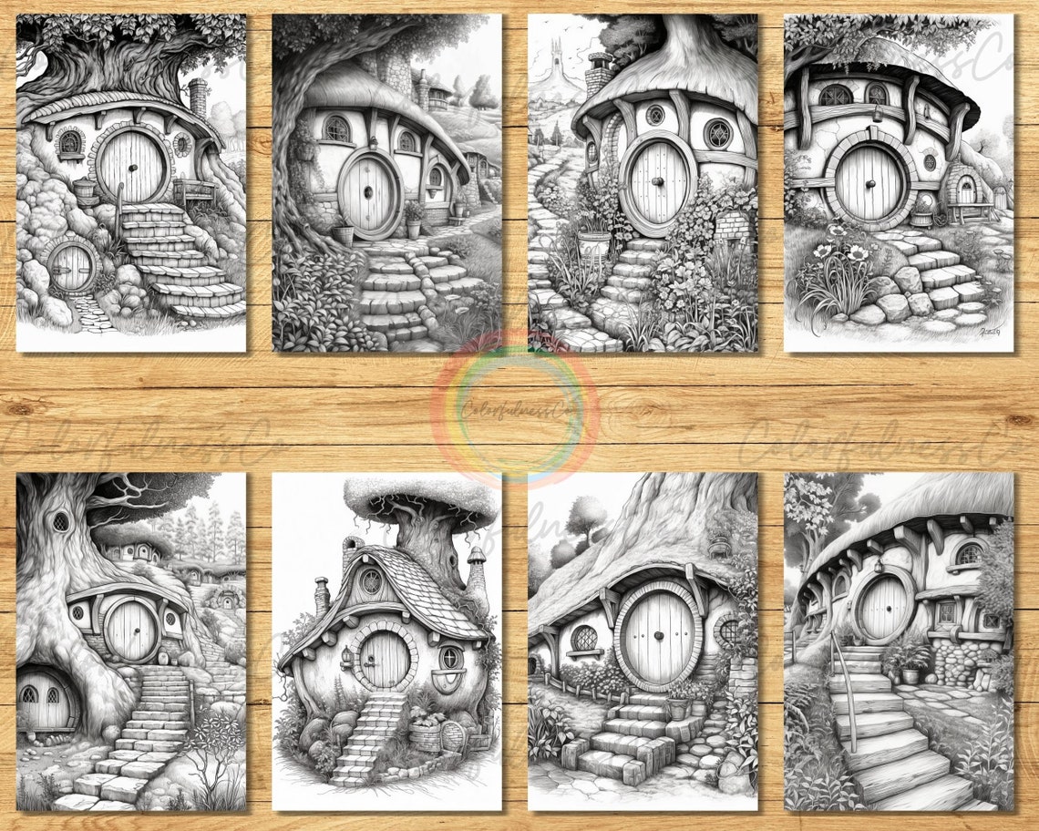 30 Printable Grayscale Hobbit Holes Coloring Pages Adult - Etsy