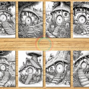 30 Printable Grayscale Hobbit Holes Coloring Pages Adult - Etsy