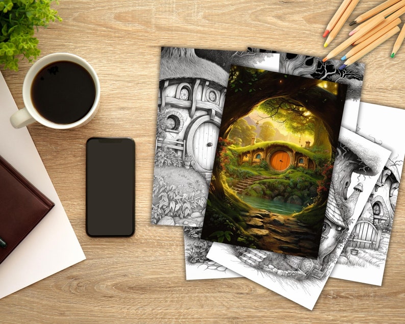 30 Printable Grayscale Hobbit Holes Coloring Pages Adult - Etsy