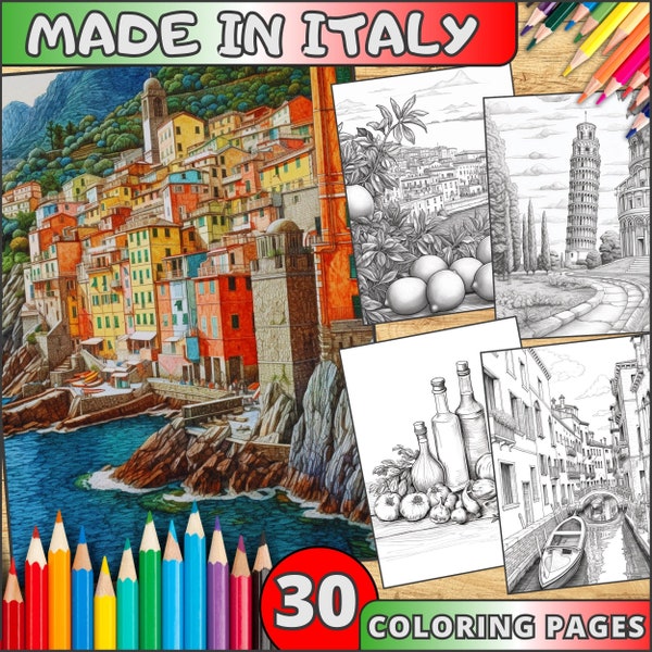 30 Italian Scenes Coloring Pages For Adults, Grayscale Italy Scenes, Italian Food, Made In Italy Coloring Book, Grayscale Bundle Pages