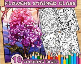 Flowers Stained Glass Coloring Pages, Grayscale Floral Coloring Book, Digital Flowers, Floral Stained Glass Art, Instant Digital Download