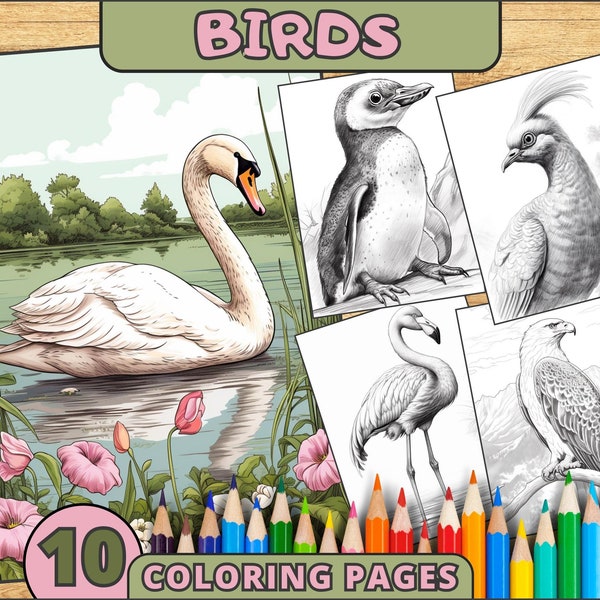 Lovely Birds Coloring Pages, Kawaii Birds Coloring Book, Adorable Animals, Grayscale Animals, Cute Creatures, Pretty Wildlife, Color Therapy