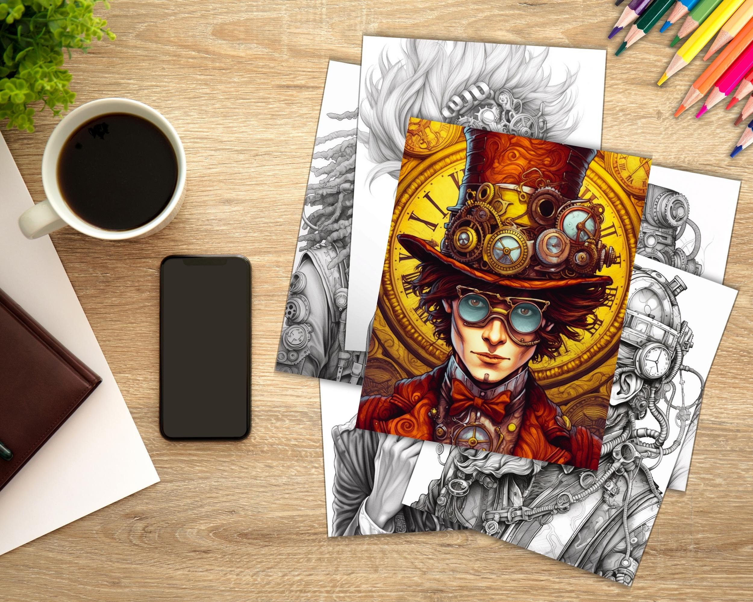 Steampunk Portraits Coloring Book Pages Grayscale Steampunk - Etsy