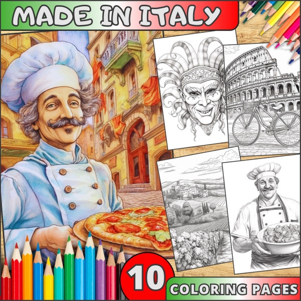10 Italian Scenes Coloring Book, Grayscale Italy Scenes, Italian Food, Made In Italy Coloring Pages, Grayscale Travels Illustrations