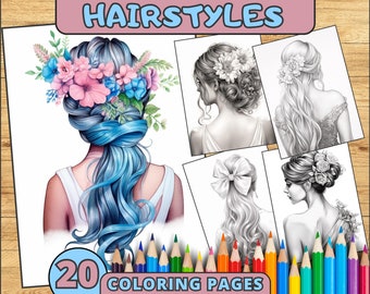 Hairstyle Coloring Book Pages, Kawaii Coloring Pages, Hair Portrait, Grayscale Hairstyle, Digital Sketchbook, Ladies Portrait, Printable PDF