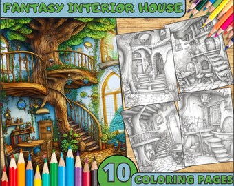 10 Fantasy Interior House Coloring Book Pages, Fairy House Coloring Pages, Digital Sketchbook, Fantasy Sheets To Color, Instant Download
