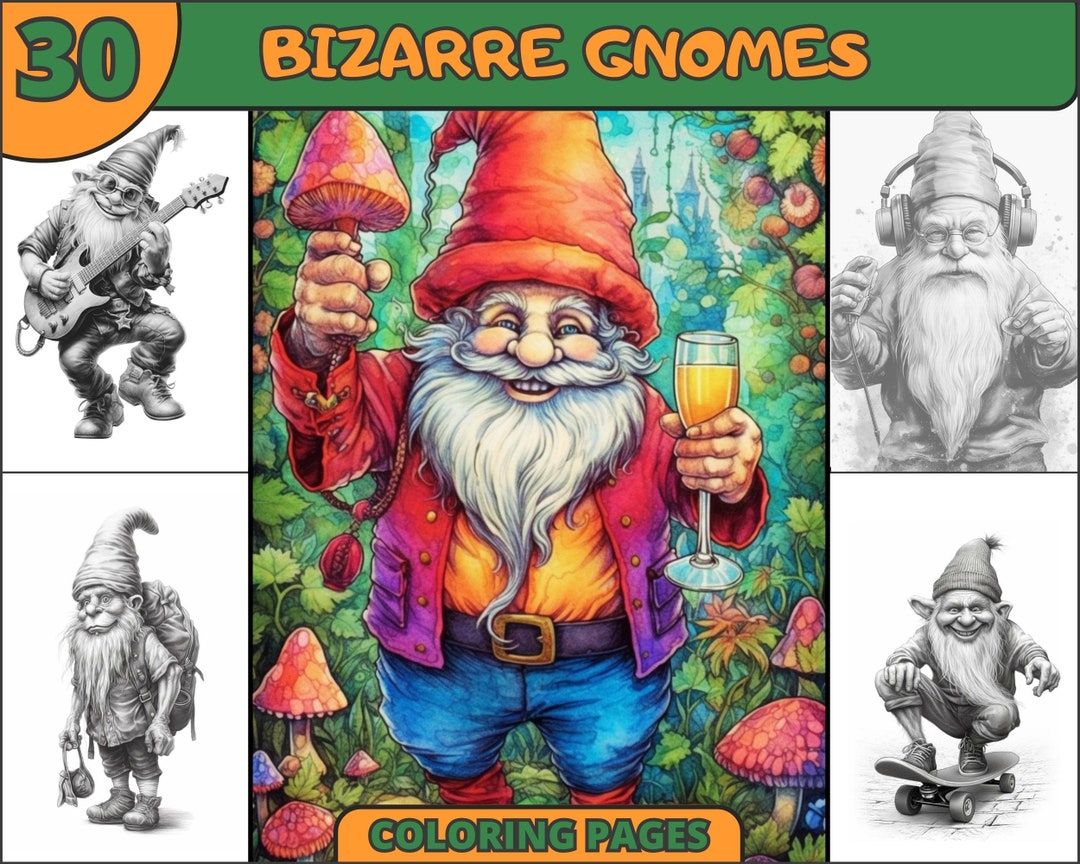 Magical Gnomes Coloring Pages, Grayscale Gnomes Coloring Book, Woodland ...