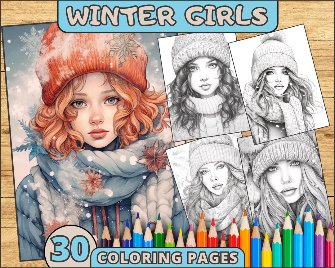 Winter Coloring Page Grayscale Portrait Coloring Pages Etsy