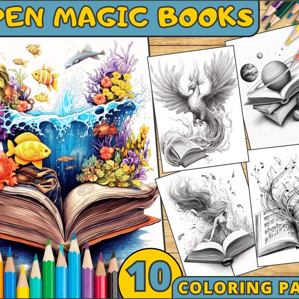 10 Open Magic Books Coloring Pages Adult + Kids, Summer Coloring Book Grayscale Bundle Pages - Fantasy DIY Colouring Enchanted