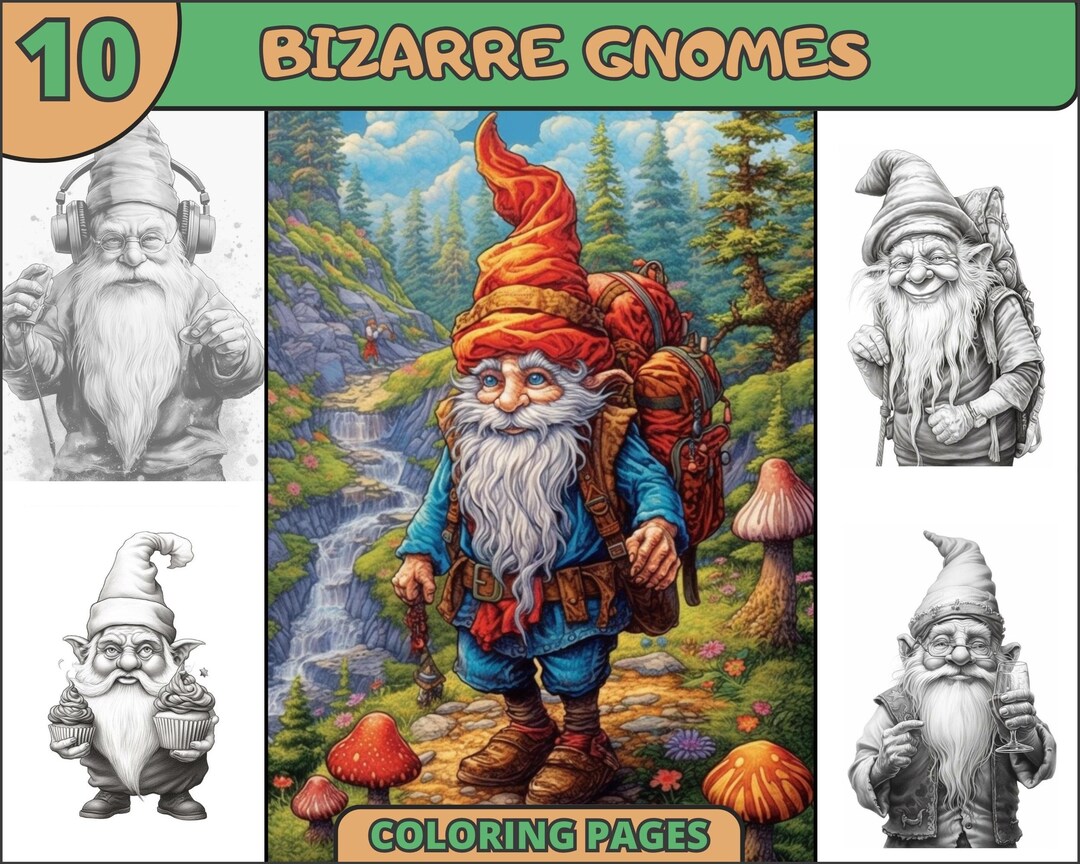 Magical Gnomes Coloring Pages, Grayscale Gnomes Coloring Book, Woodland ...