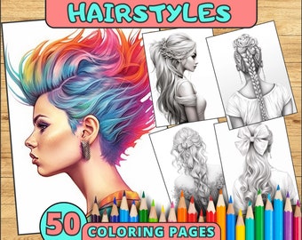 Hairstyle Coloring Pages, Hair Portraits Coloring Book, Grayscale Hairstyle Sketchbook Digital, Grayscale Line Art Hair, Ladies Portraits